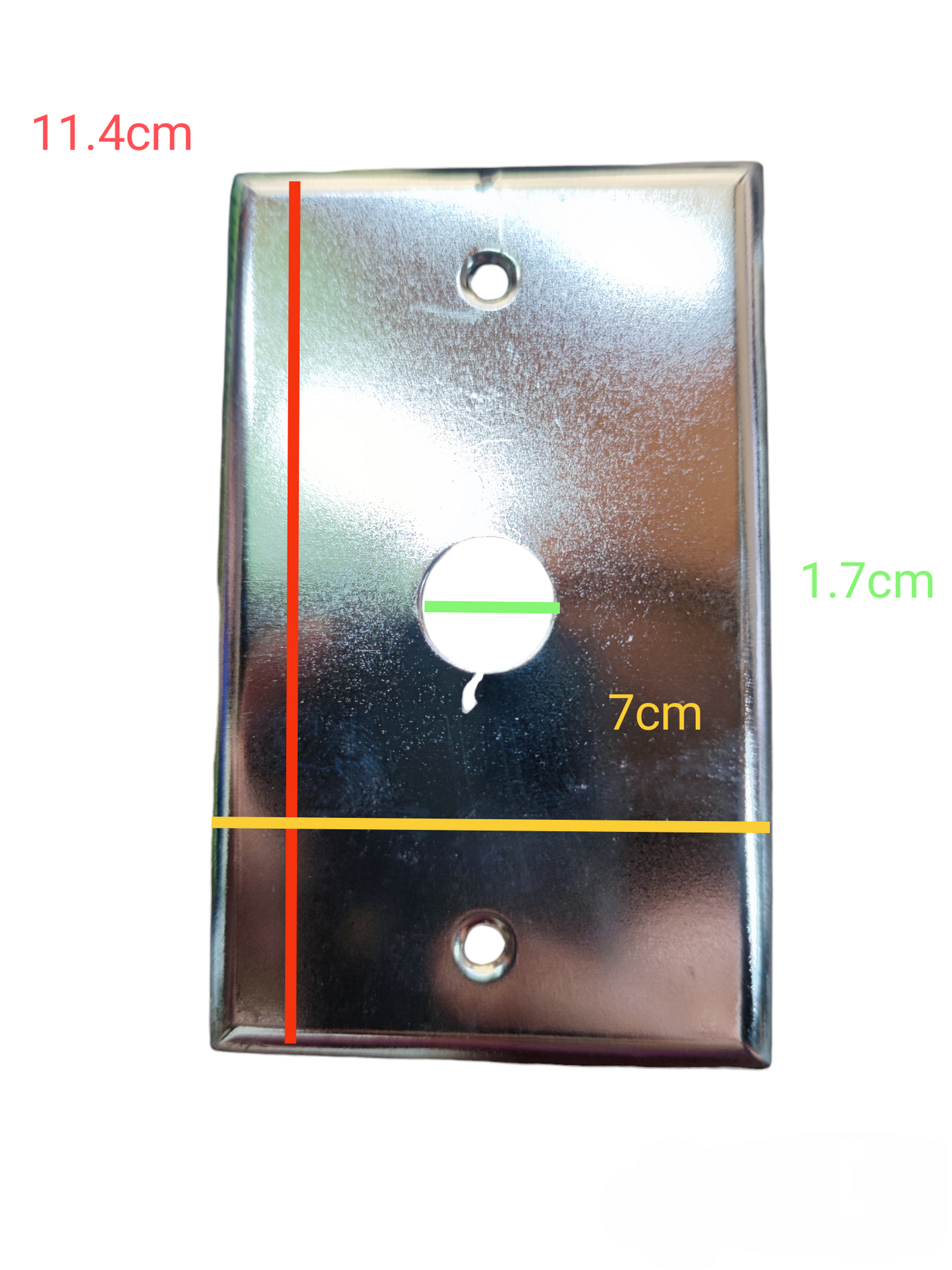Metal plate cover for electrical outlets with 1.7cm hole, dimensions 11.4cm by 7cm