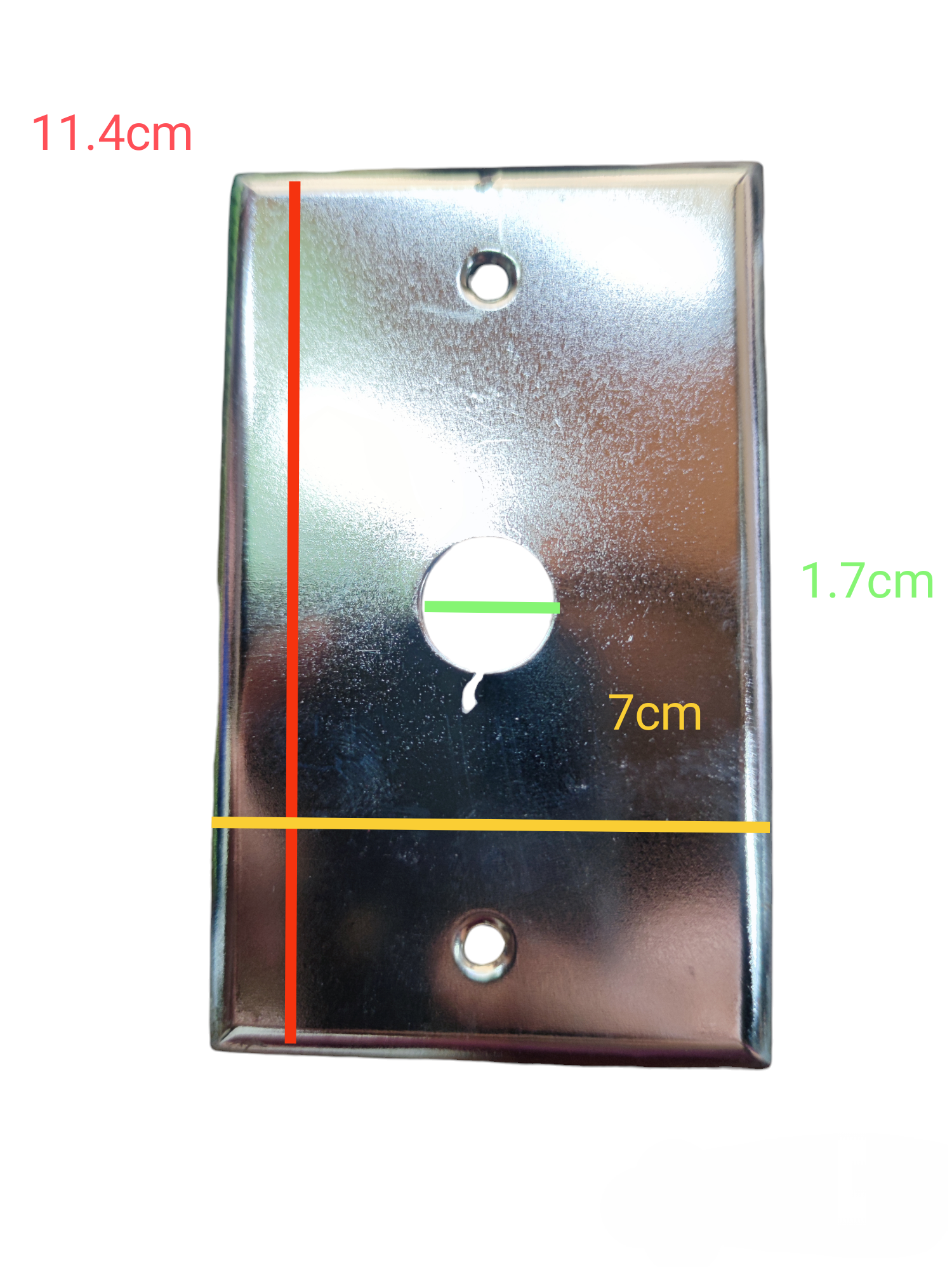 Metal plate cover for electrical outlets with 1.7cm hole, dimensions 11.4cm by 7cm