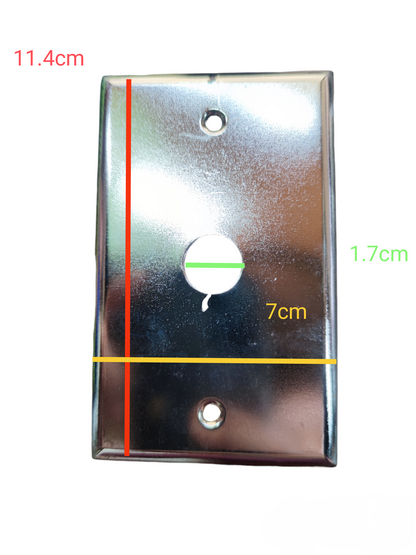 Metal plate cover for electrical outlets with 1.7cm hole, dimensions 11.4cm by 7cm