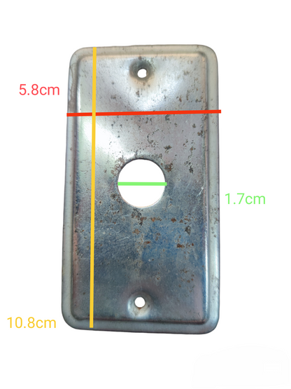 Metal plate cover with 1.7cm hole, dimensions 5.8cm x 10.8cm for power outlet installations