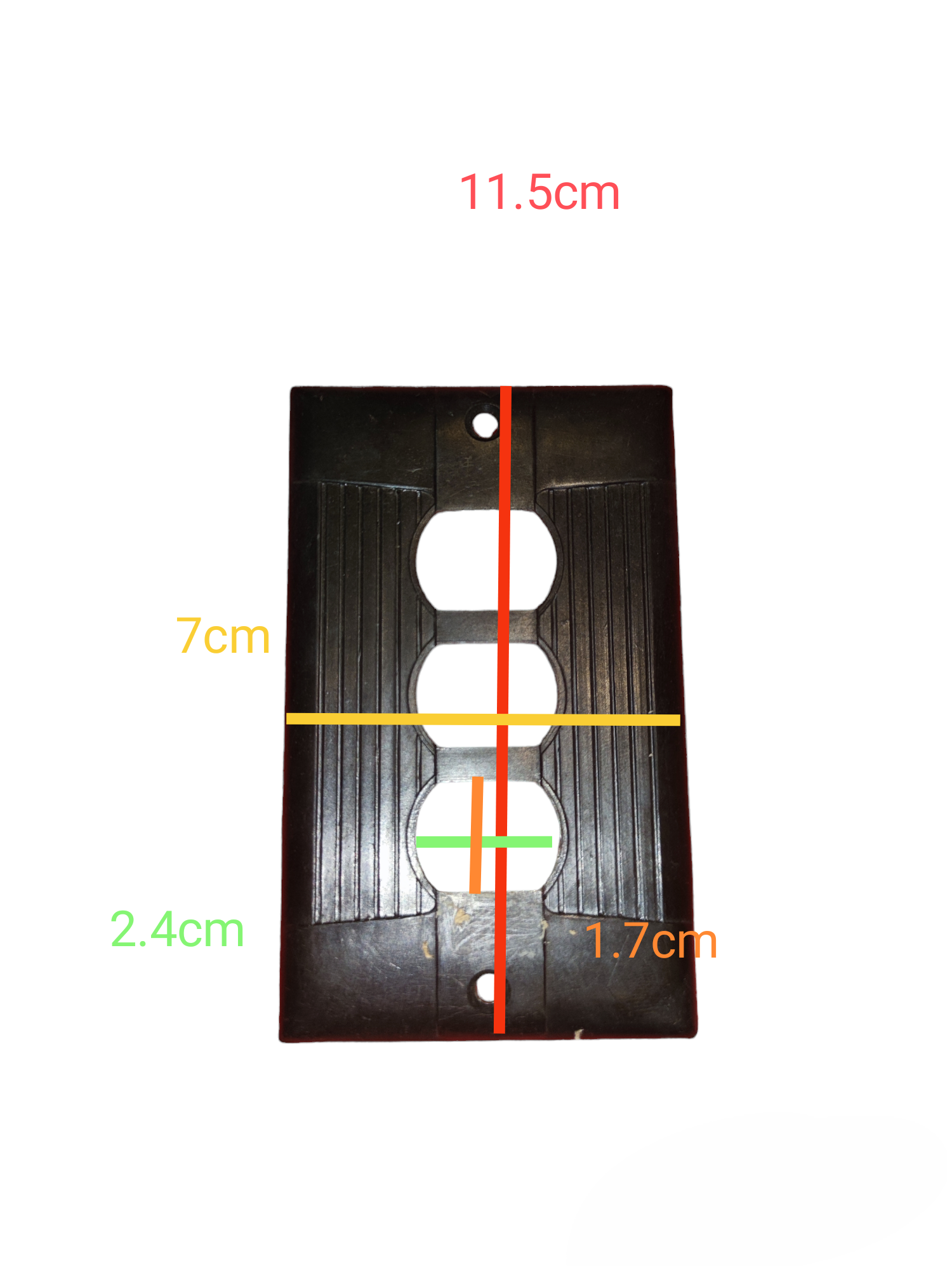 Black metal switch cover 3 gang with dimensions marked for power points and switches