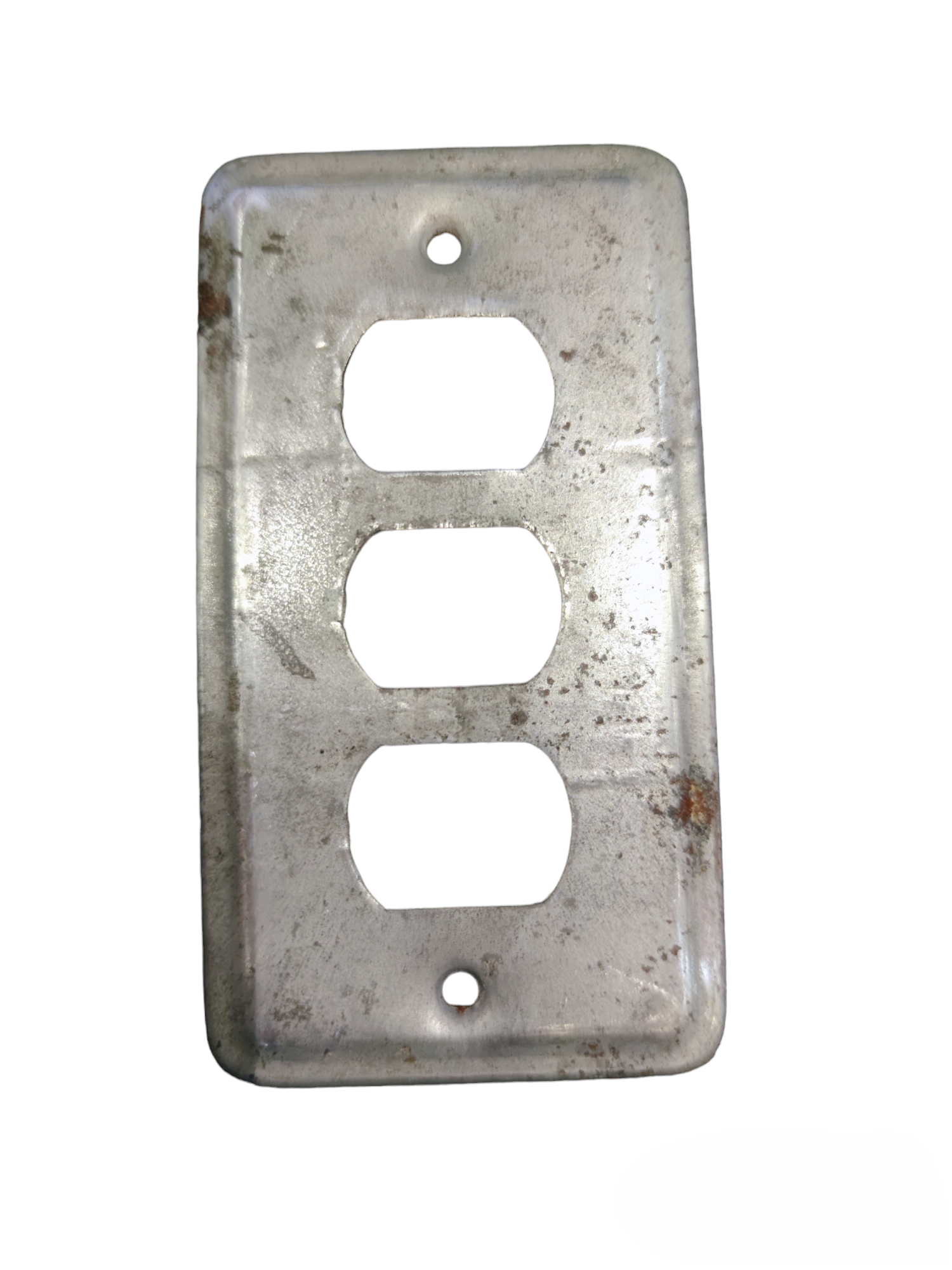 Rusty metal switch cover 3 gang with three rectangular openings for switches or plugs