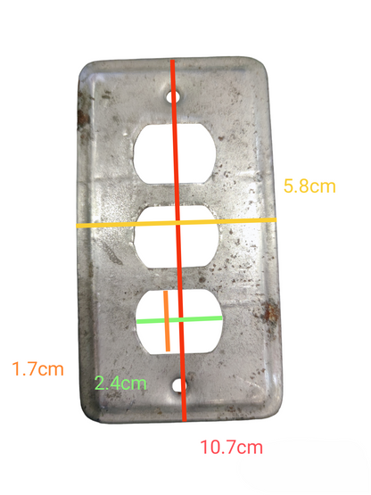 Rustic metal switch cover 3 gang with precise cutouts and measurements for secure installation