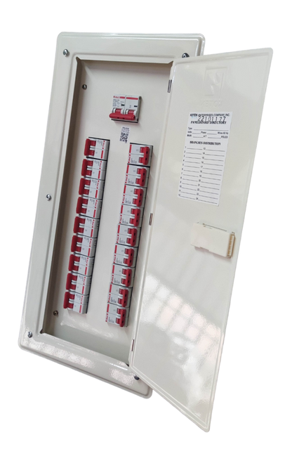 Koten and Himel white metal panel door open showing two columns of red breakers label 100A 2 pole main circuit breaker panel