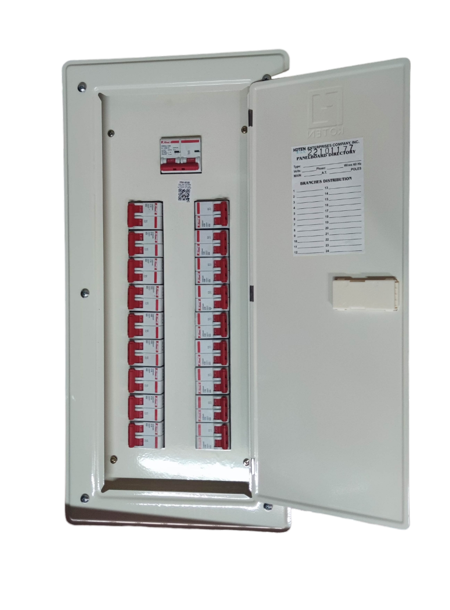 Koten and Himel white metal distribution board with open door and rows of red breakers 100A 2 pole main circuit breaker panel