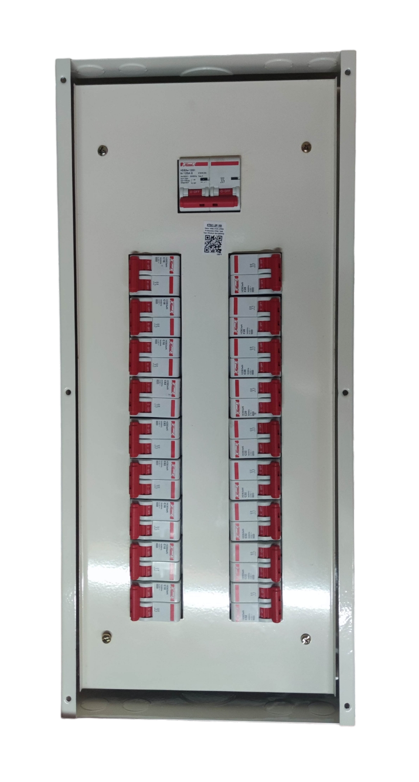 Koten and Himel white distribution board with two columns of red breakers and 100A 2 pole main circuit breaker panel