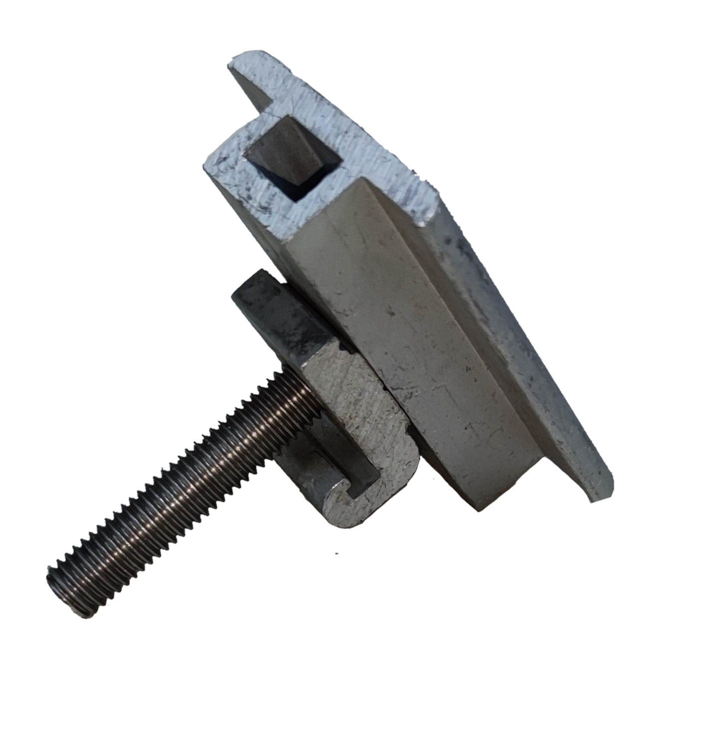 Middle clamp for solar panel bracket made of durable aluminum with a threaded bolt for secure installation