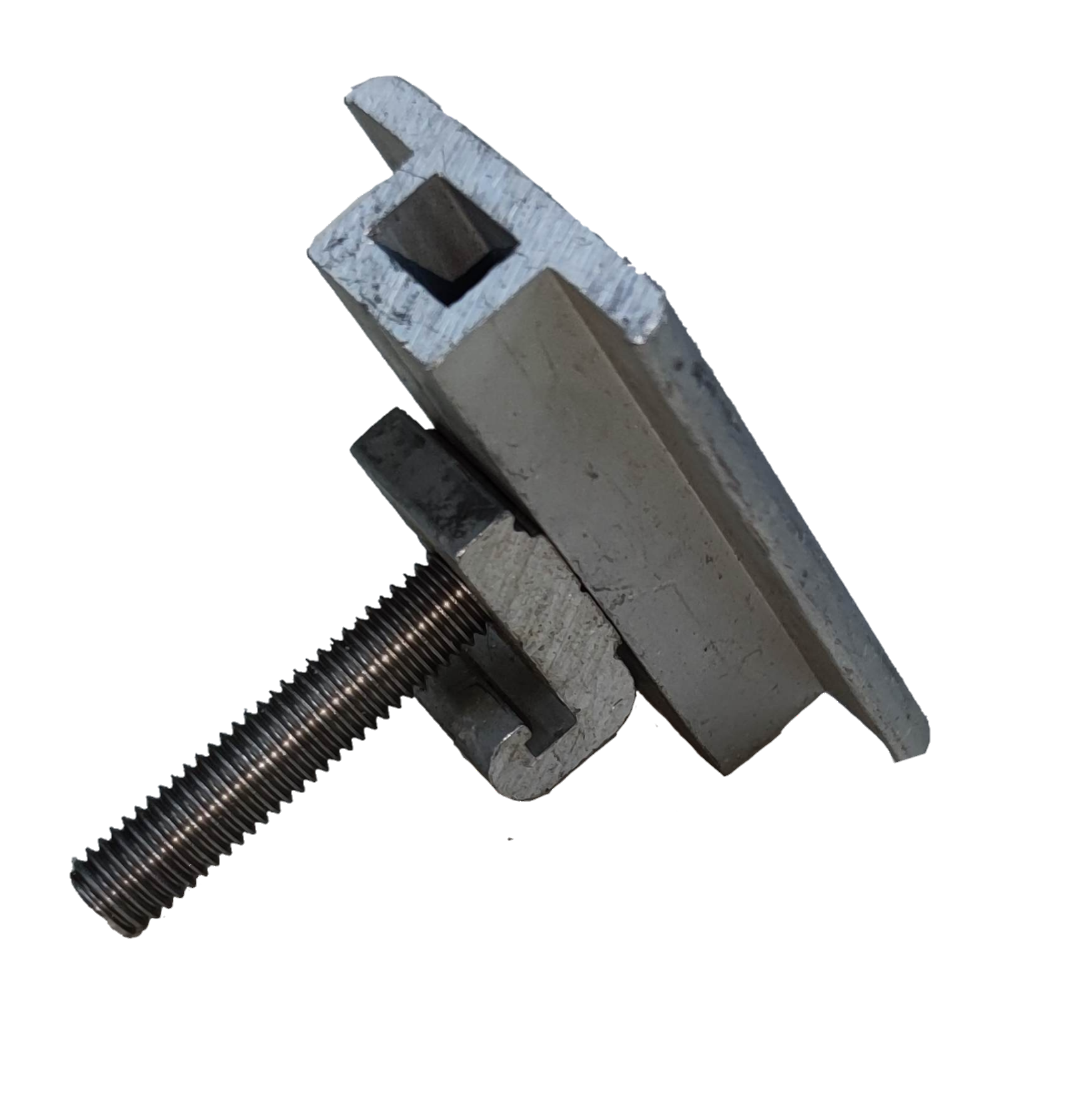 Middle clamp for solar panel bracket made of durable aluminum with a threaded bolt for secure installation