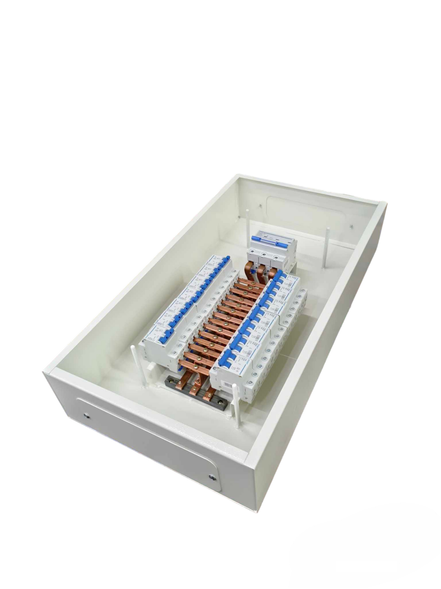 Chint miniature circuit breaker main 3 phase electrical panel with multiple switches and copper busbars