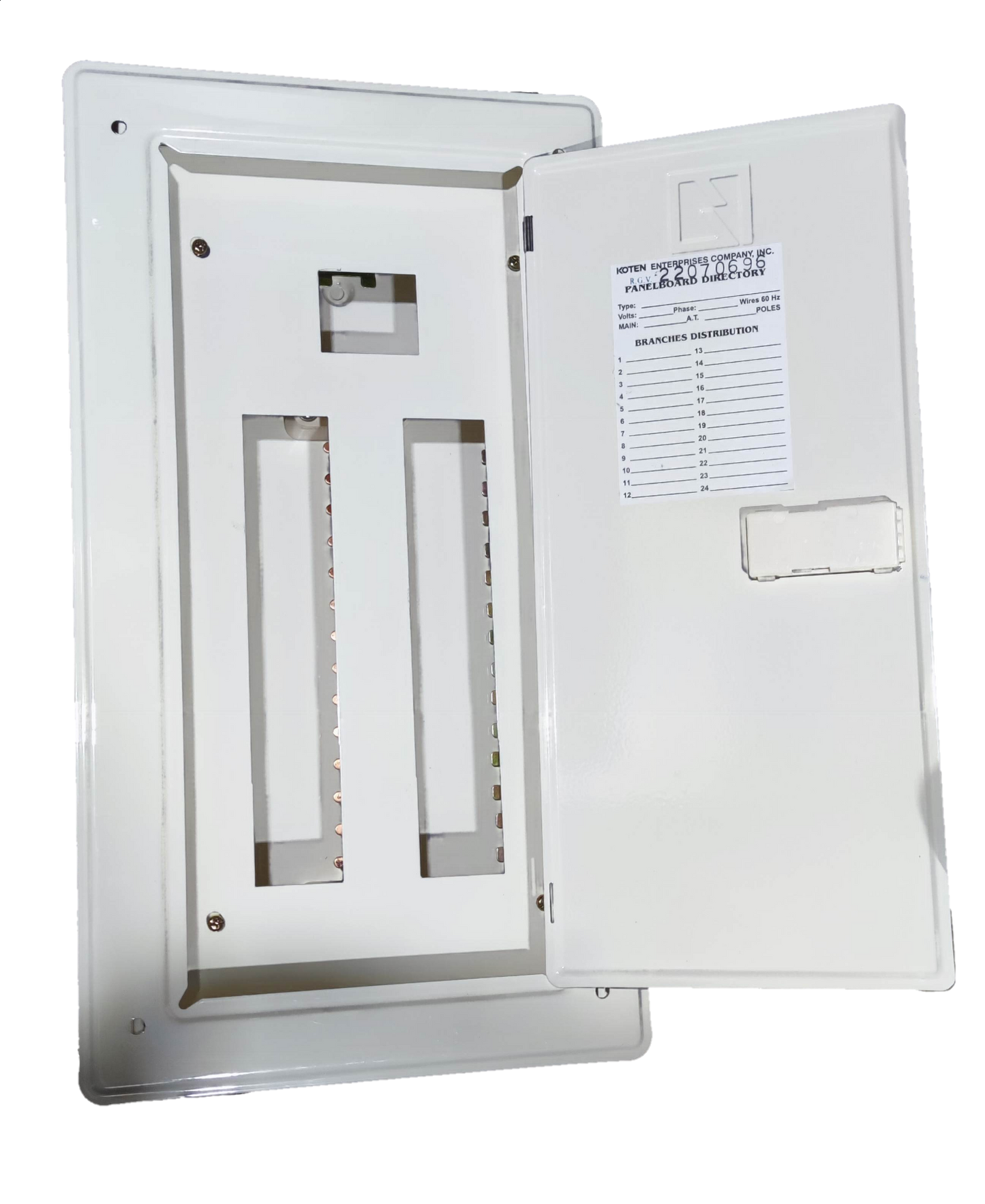 White miniature circuit breaker metal panel with open door and labeled branch distribution