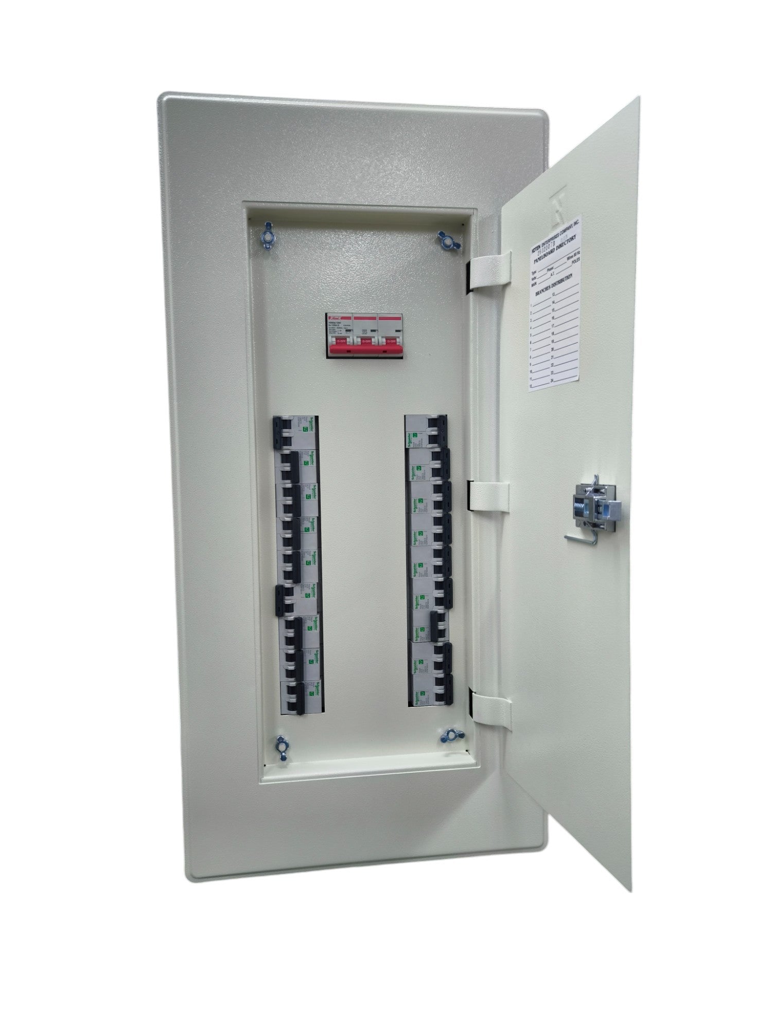 Koten miniature circuit breaker panel with multiple breakers and an open white metal door
