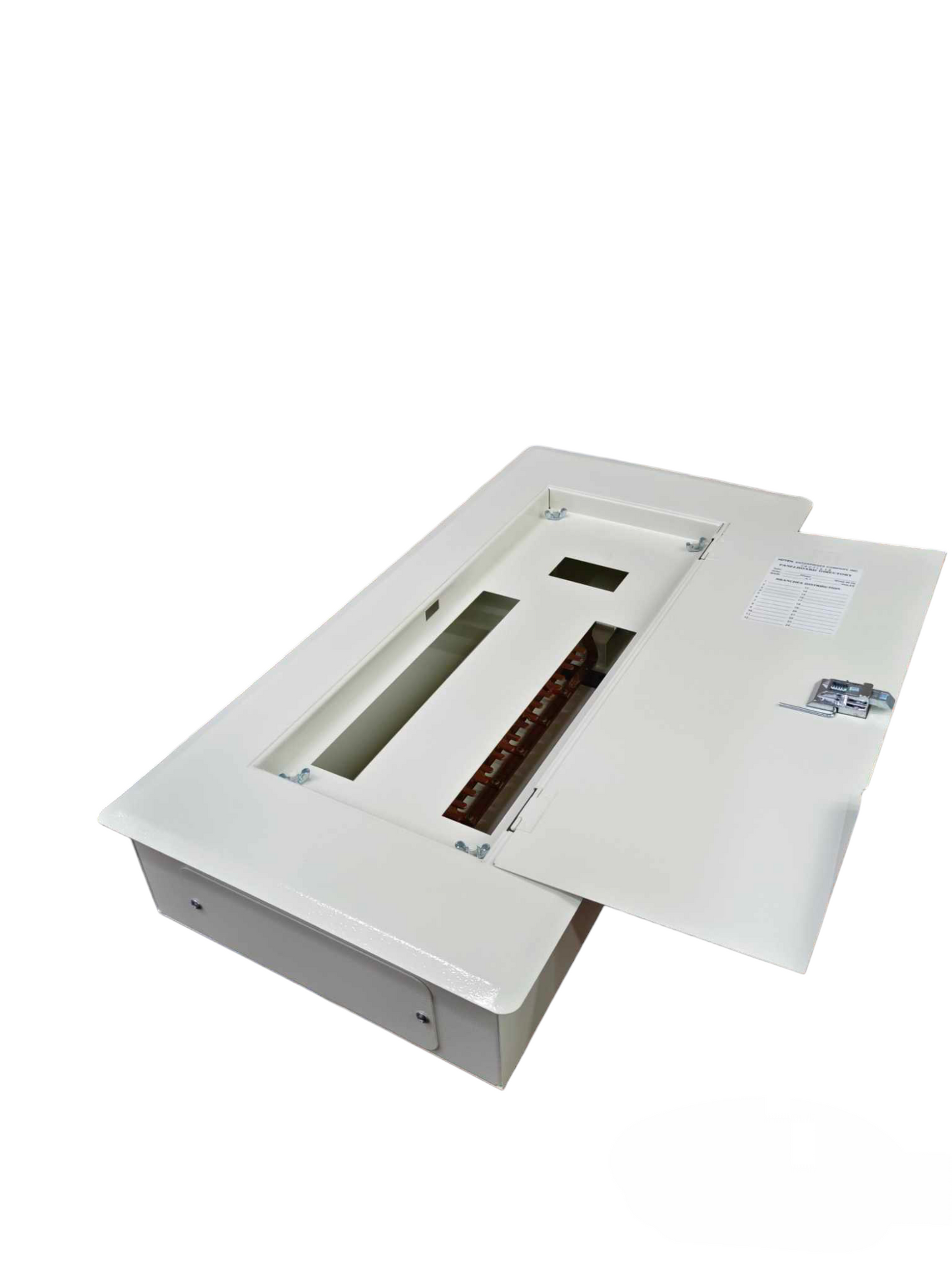 Koten miniature circuit breaker panel with open white metal door and internal wiring slots