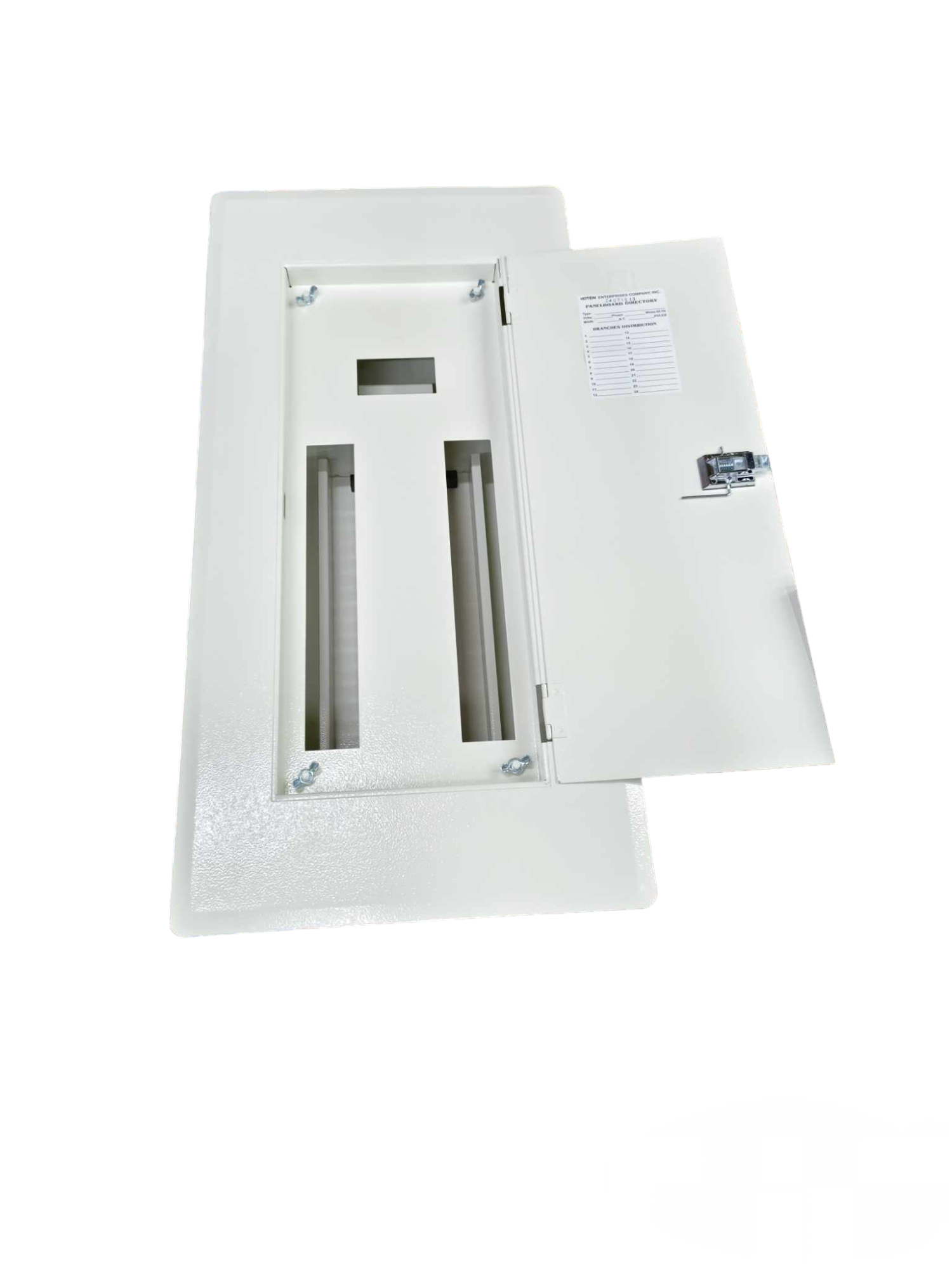 Koten miniature circuit breaker panel with open door showing empty breaker slots in white