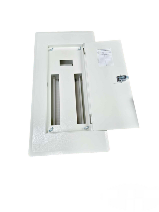 Koten miniature circuit breaker panel with open door showing empty breaker slots in white