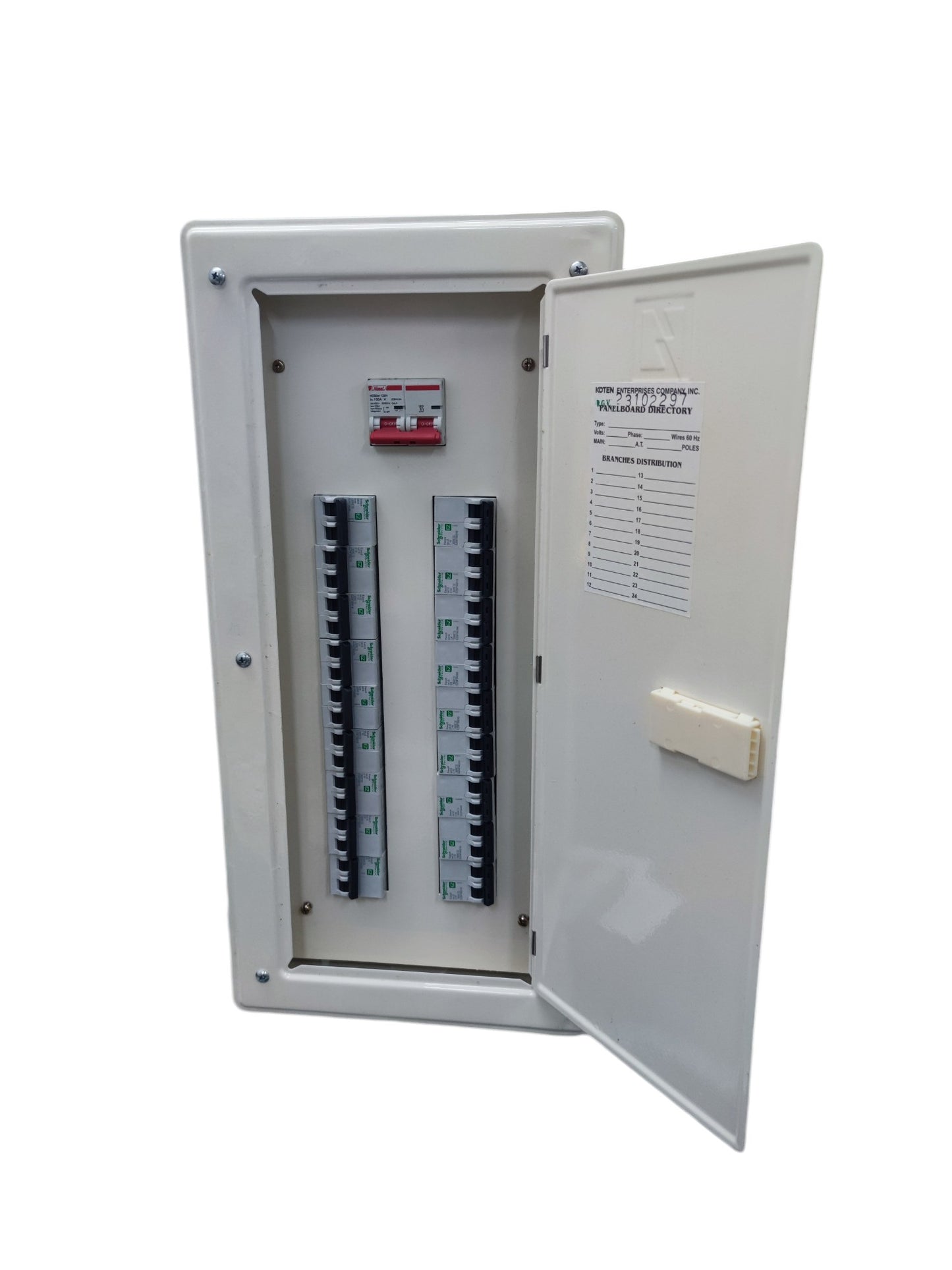 Electx Electrical Supply miniature circuit breaker panel with open white metal door and circuit breakers inside