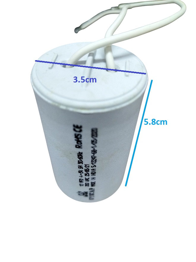 10MFD Motor Running Capacitor with white casing and electrical connections for efficient motor operation