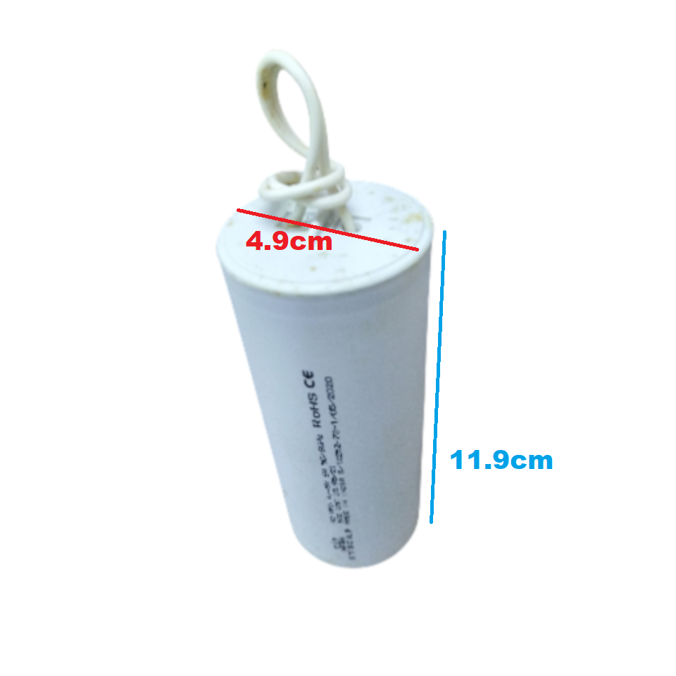 SYSCAP motor running capacitor 40uF 500V with a white cylindrical body and mounting wire