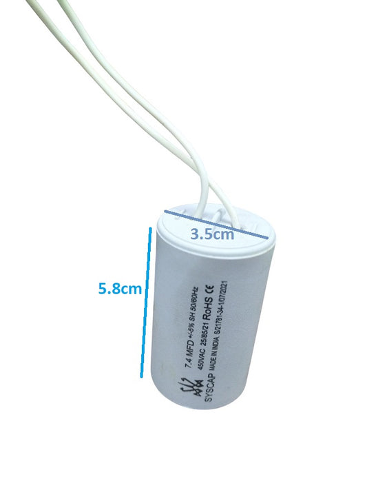 Syscap Motor Running Capacitor 450 VAC with dimensions 5.8cm height and 3.5cm diameter for electrical applications