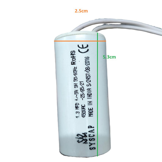 Syscap motor running capacitor 450V AC with white casing and wire connections for electrical applications