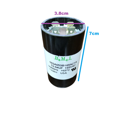 BMI motor start capacitor 53-64UF 165V with dimensions 3.8cm x 7cm for electric motor applications