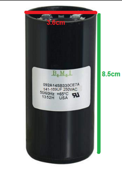 BMI motor starting capacitor 141-169UF 250V with dimensions 3.6cm diameter and 8.5cm height
