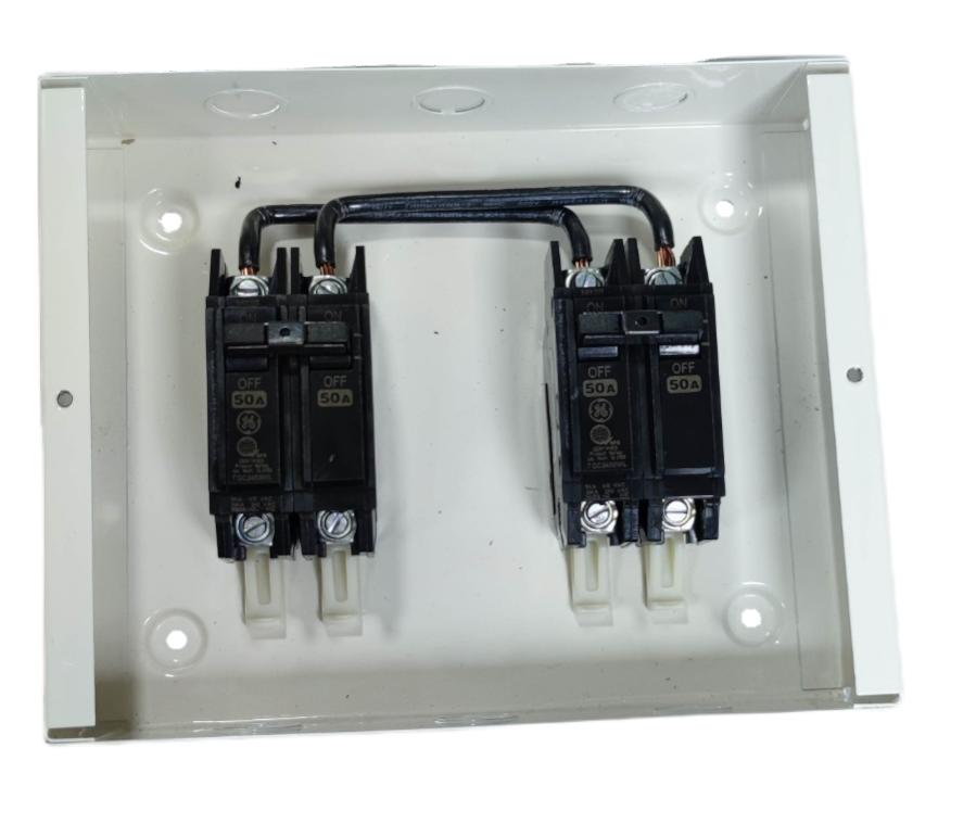 GE and Koten MTS 2 pole single phase switch mounted inside a white metal electrical box