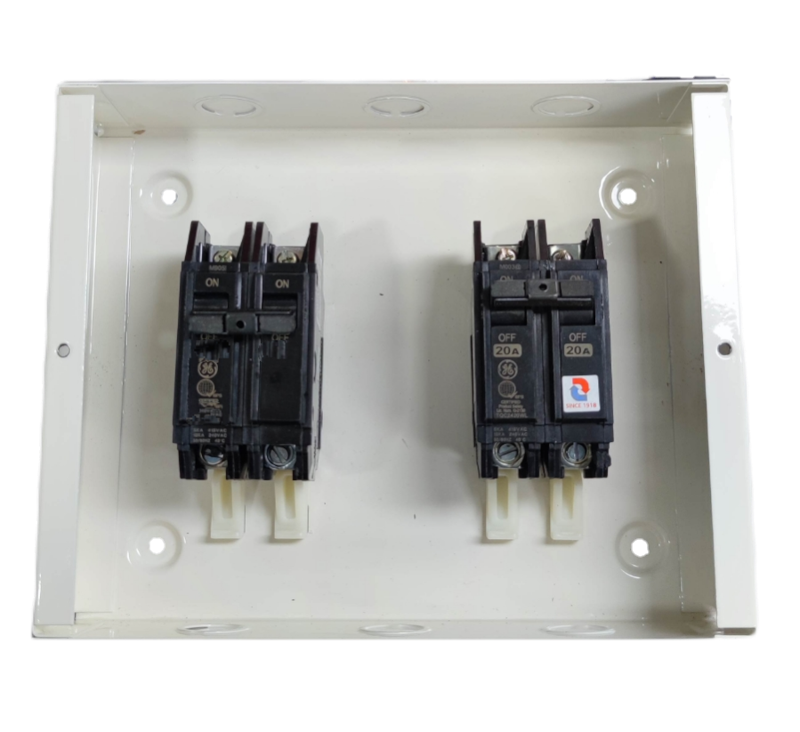 GE Koten MTS 2 pole single phase switch mounted on white metal panel for electrical circuitry