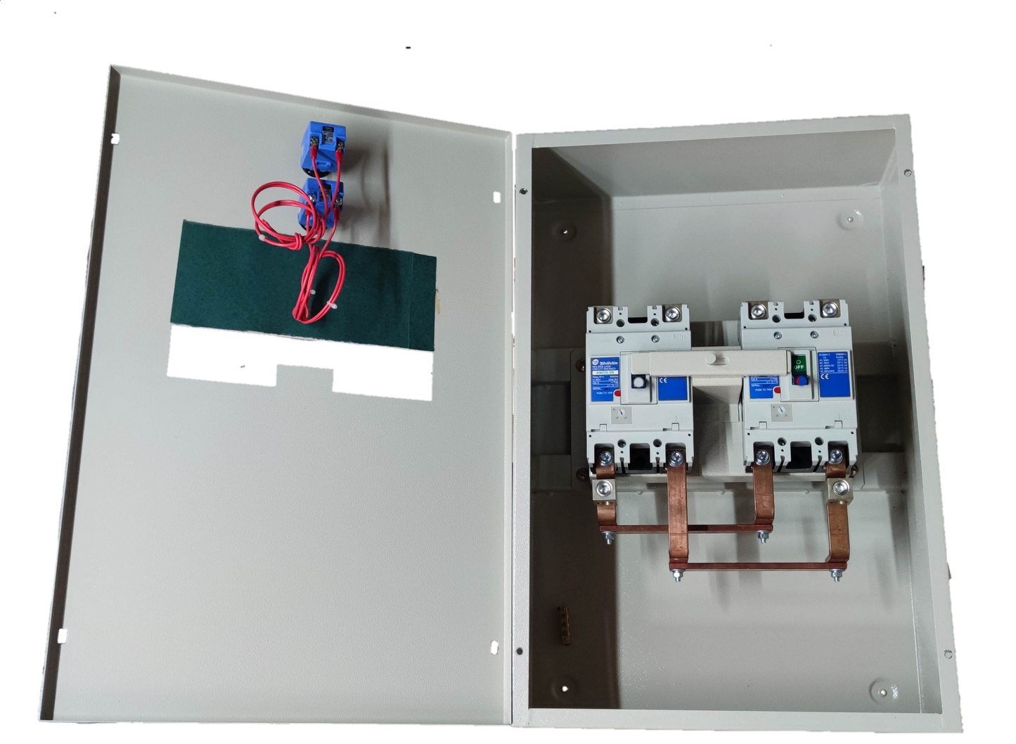 Electx Electrical Supply 250A MTS 2 Pole Single Pole electrical circuitry component inside a white metal enclosure
