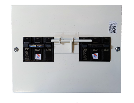 Koten and GE MTS 30A 3 Pole Single Phase electrical circuitry part in white casing with black switches