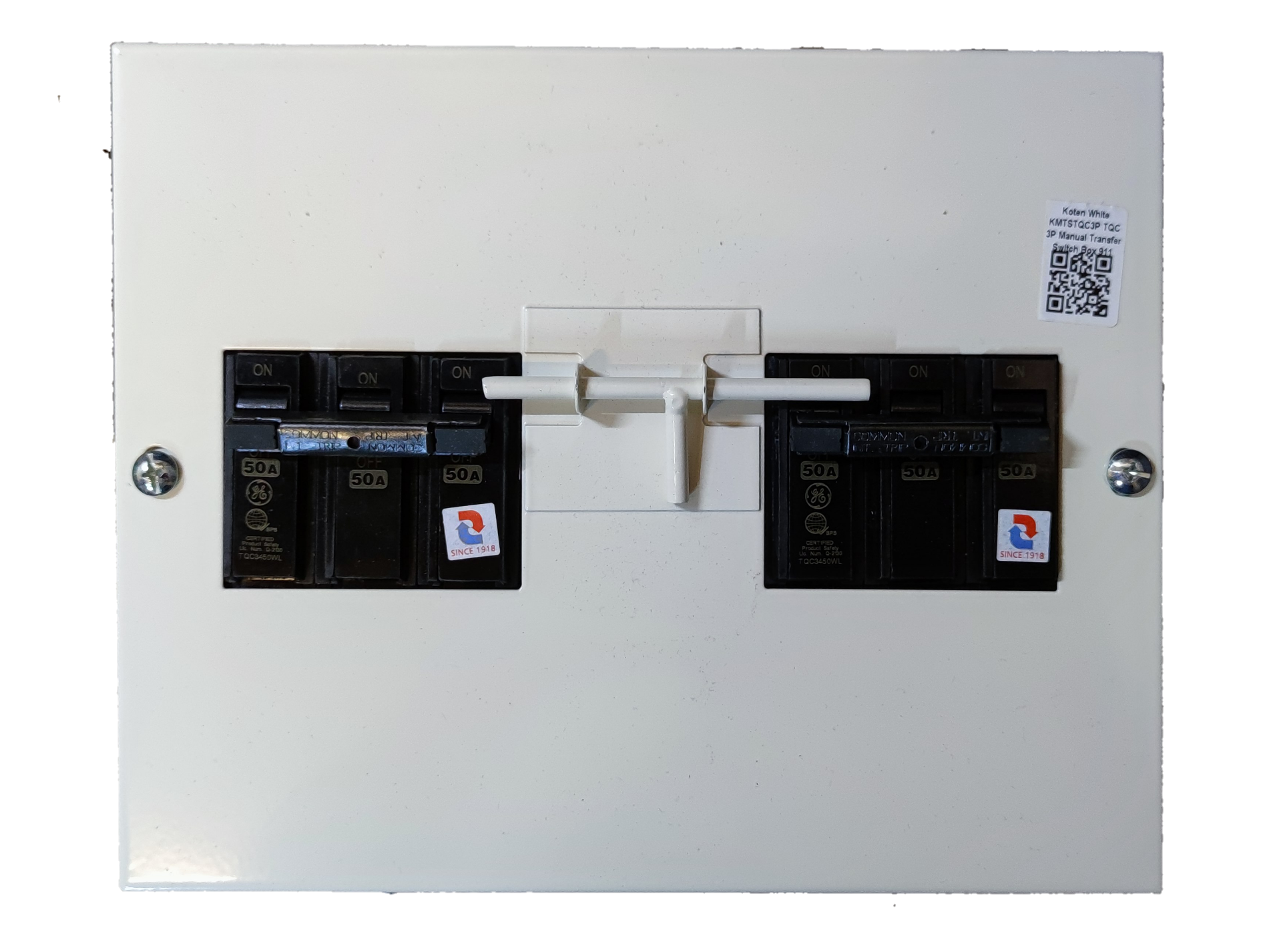 Koten and GE MTS 50A 3 Pole Three Phase electrical circuit breaker panel with black switches