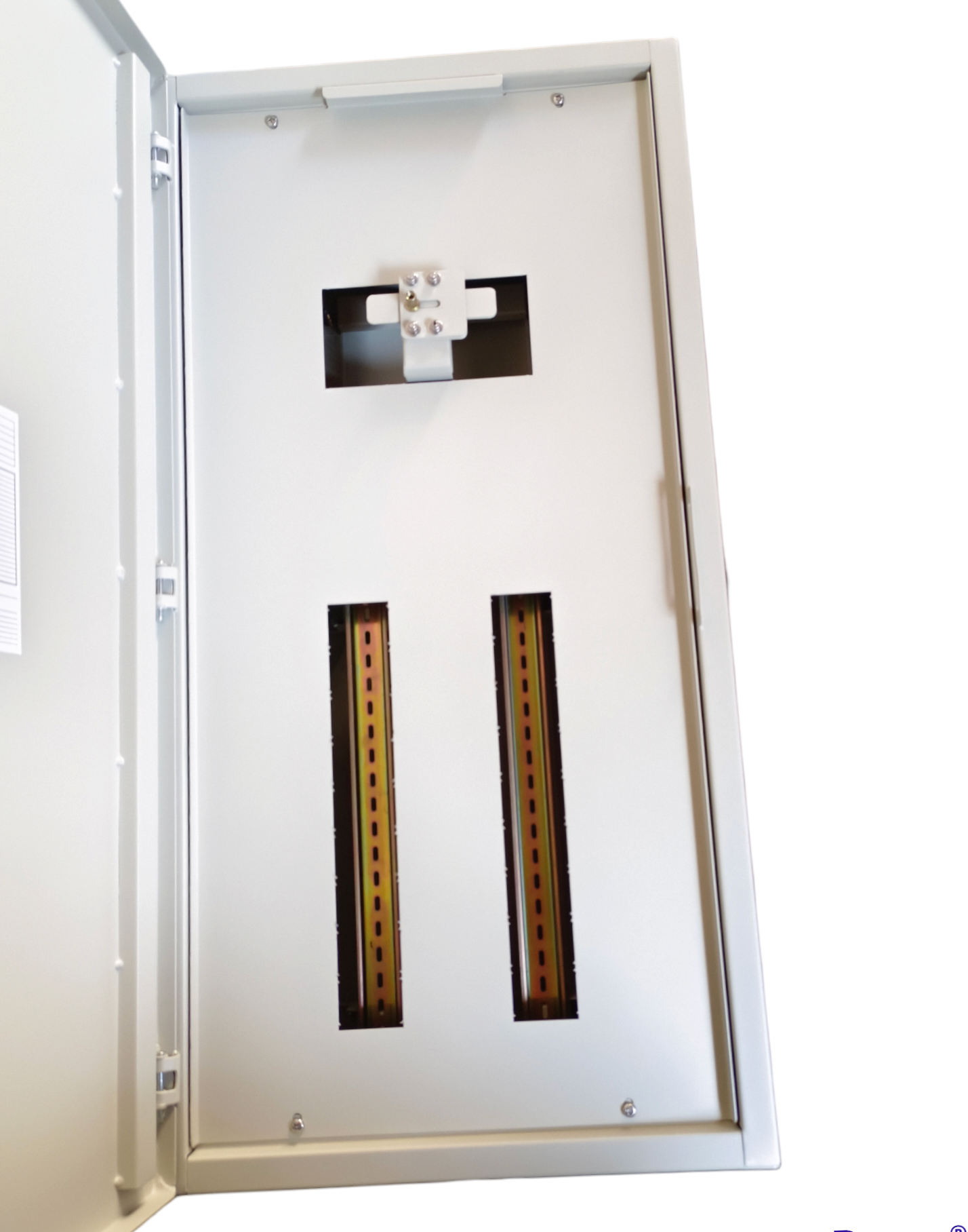 Royu MTS Main MCCB 125AF 2pole Panel Board with metal enclosure and open door showing internal slots