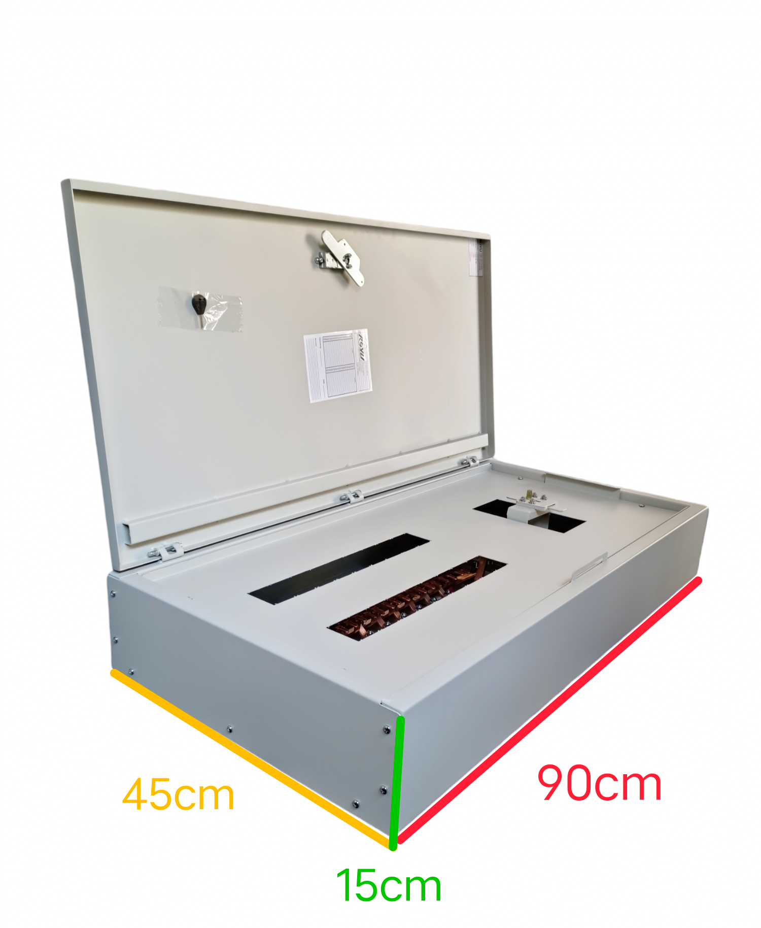 Royu MTS Main MCCB 125AF 2pole Panel Board gray electrical circuitry panel with open lid and dimensions