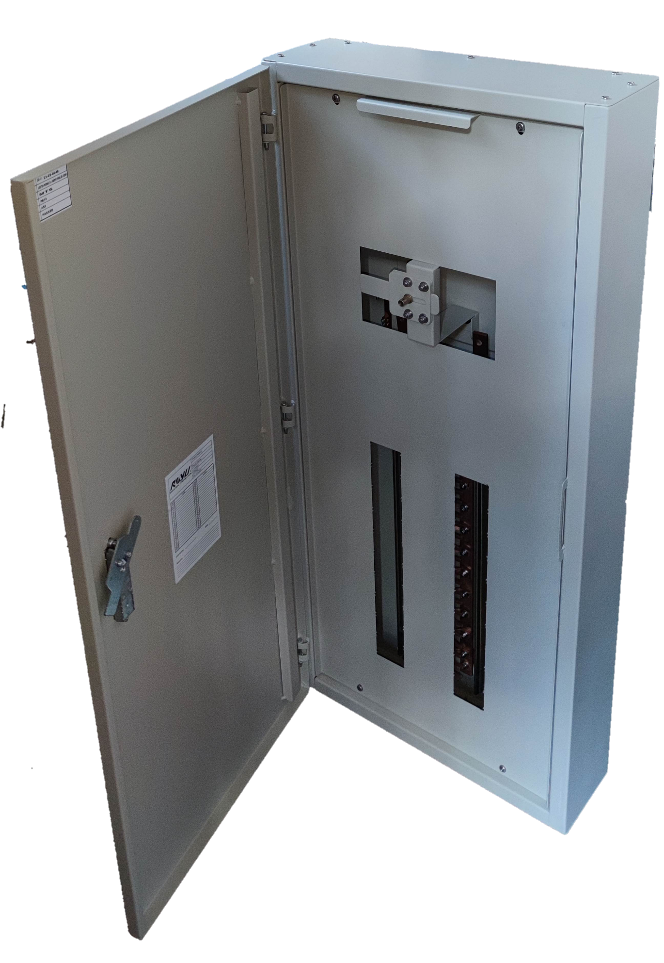Royu MTS Main MCCB 2pole Panel Board with an open grey metal door showing internal circuit slots