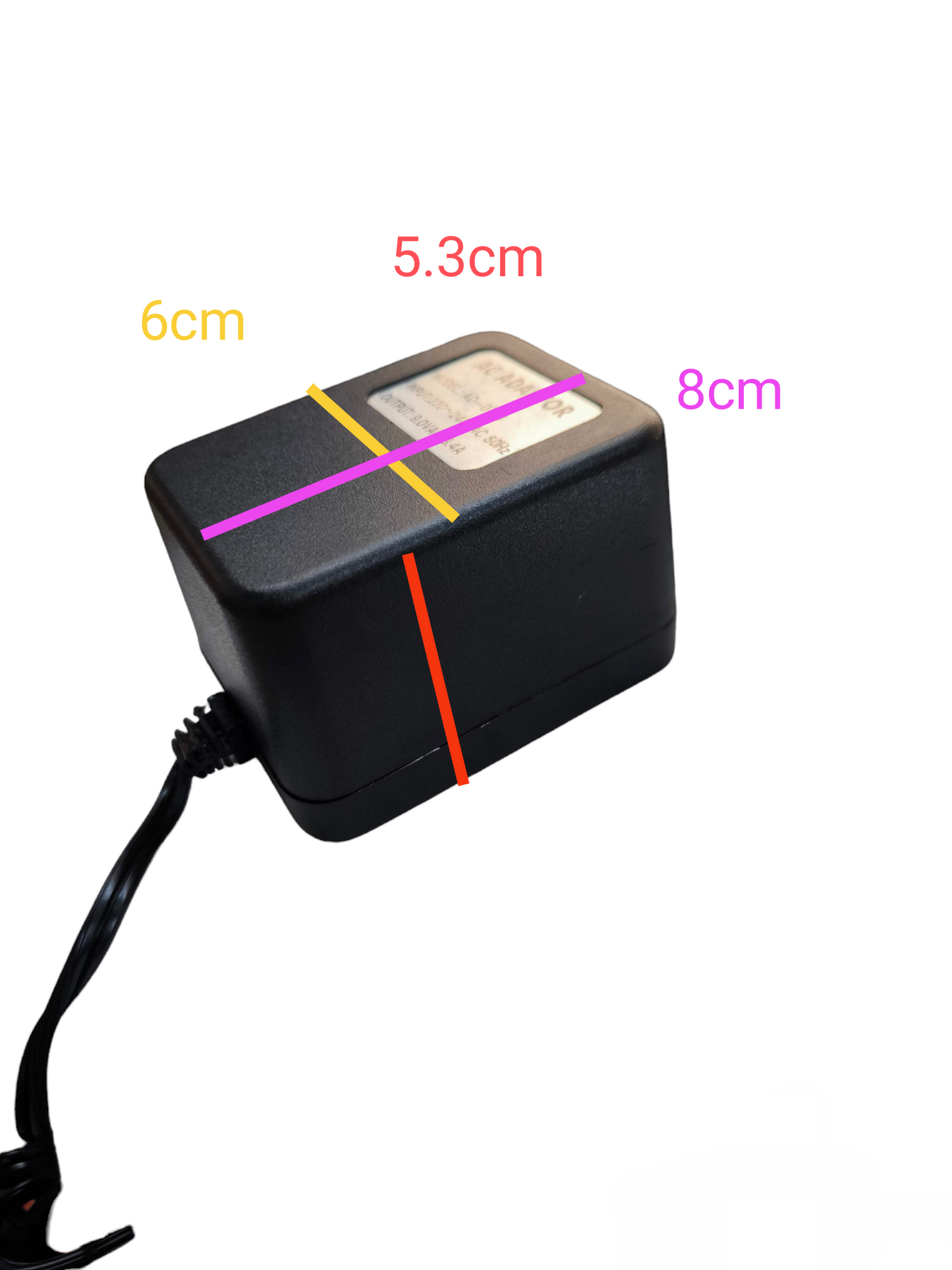Local multi output AC adaptor power plug with black rectangular design and connected cable