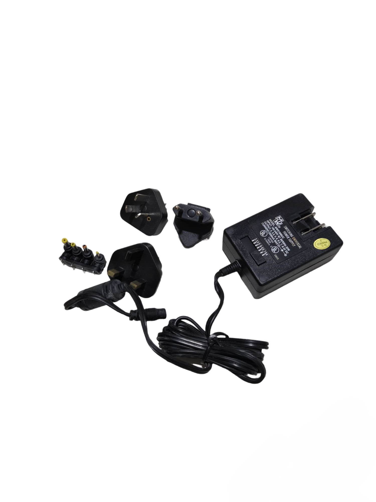 MW Switching Universal Power Supply with multiple plug adapters and a long black cable for versatile power connections