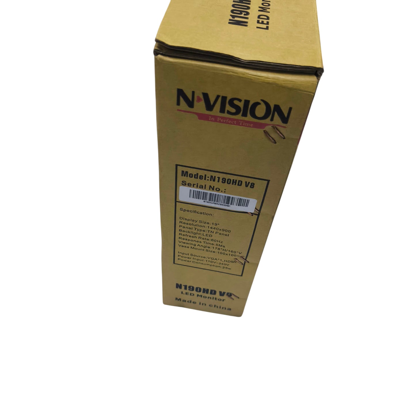 N-Vision 19 inch LED monitor 1080p box packaging with model details and specifications