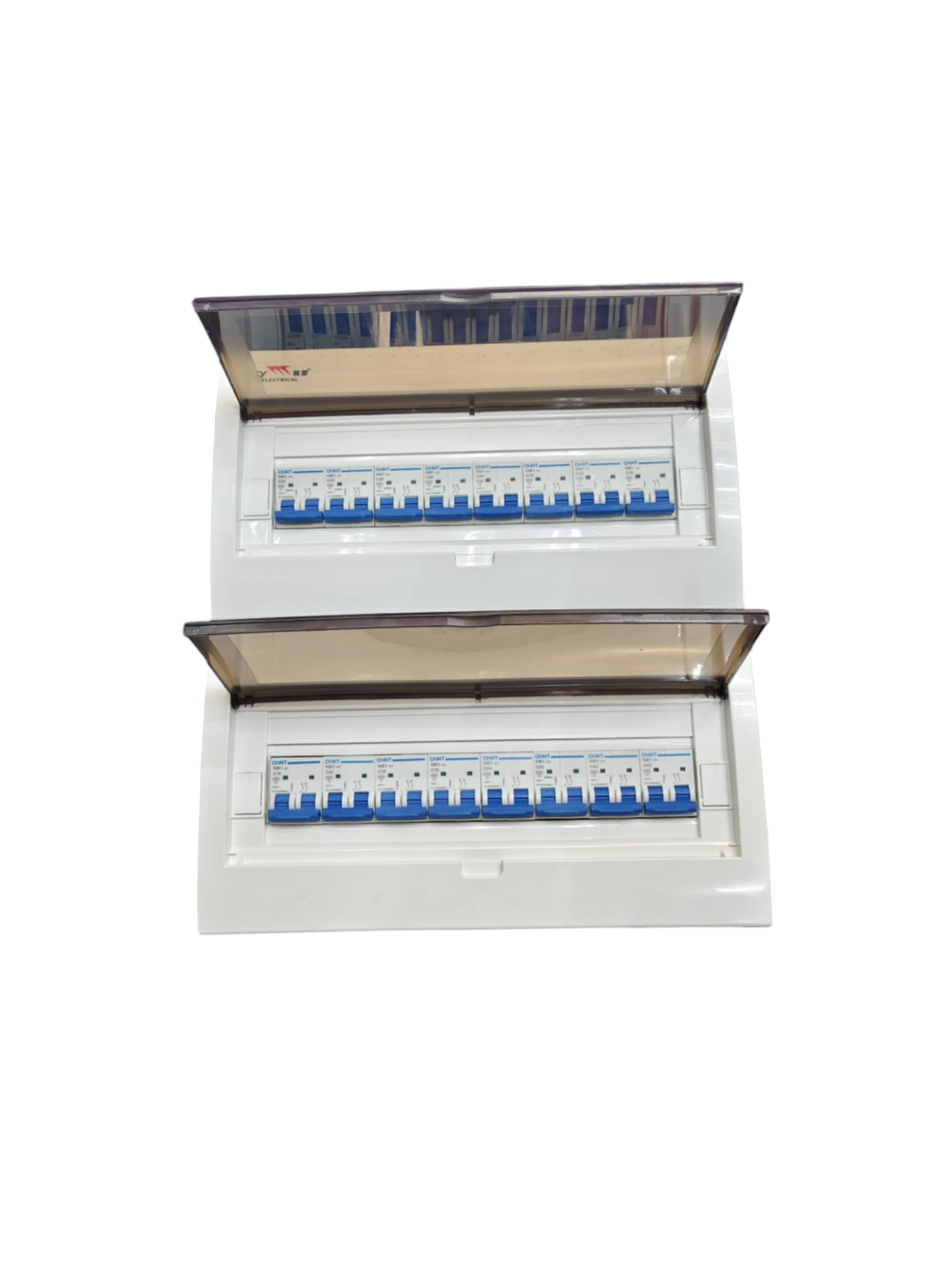 Chint NB1 Breakers Panel Board 50A 2 Pole Main with multiple circuit breakers in white casing
