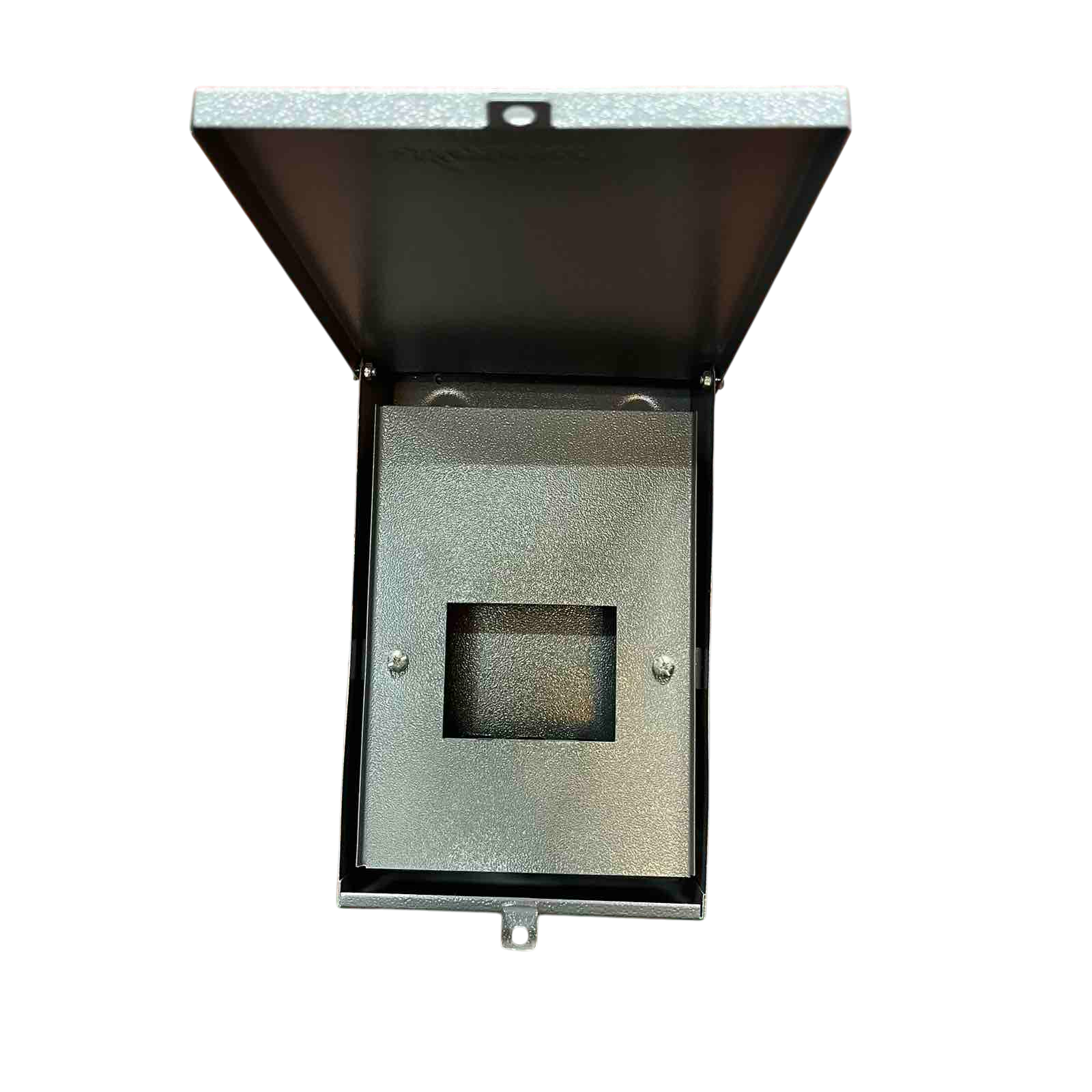 Nema 3R panel board housing with a hinged cover and mounting brackets for electrical installations