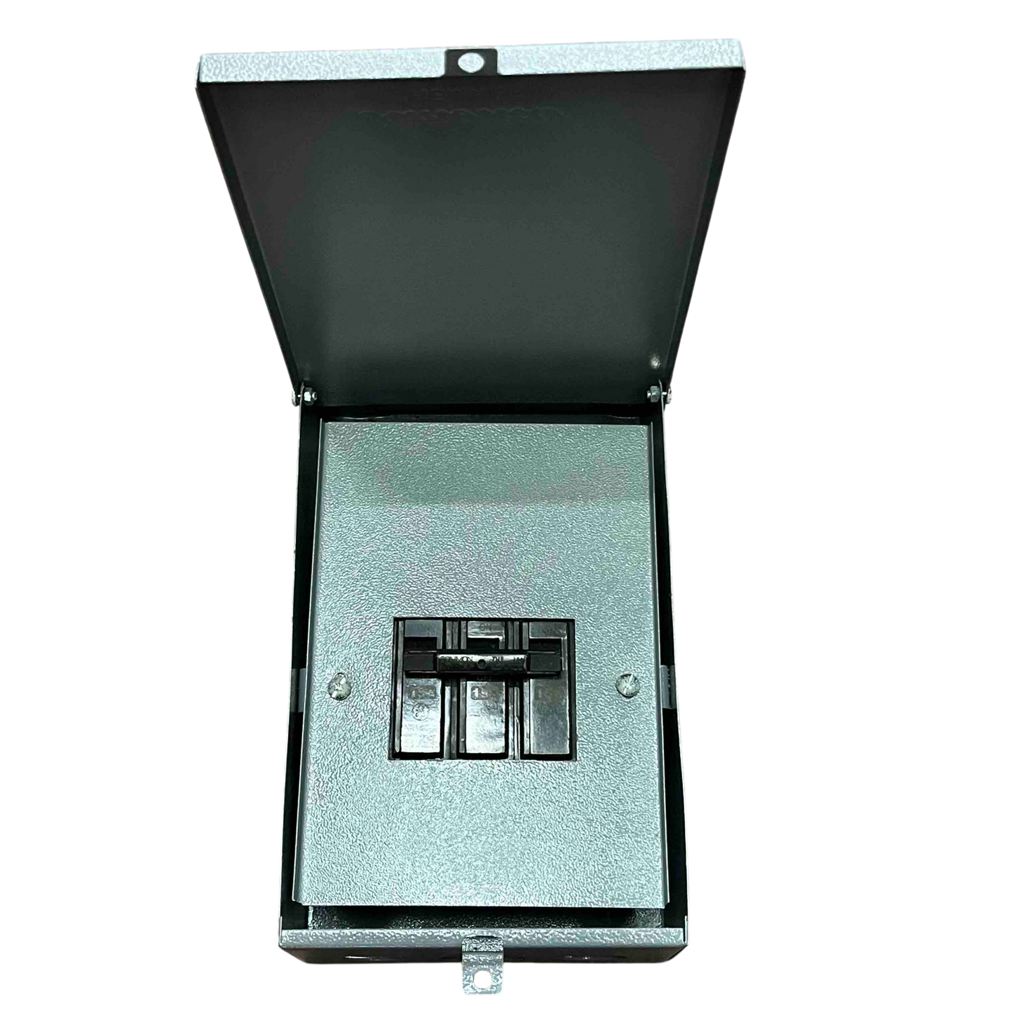 Nema 3R panel board housing with an open cover displaying circuit breakers and interior components