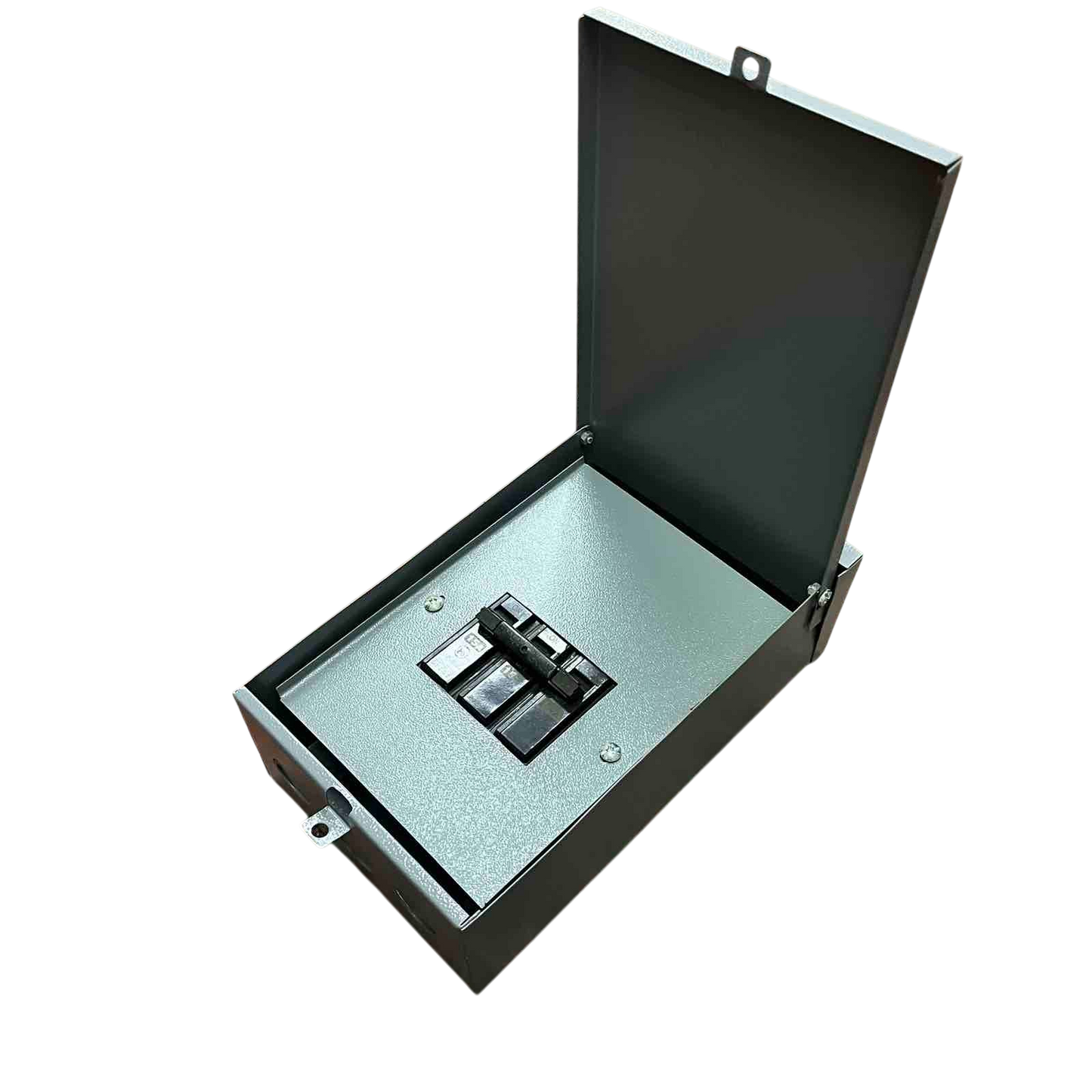 Nema 3R panel board housing with open lid and circuit breakers for electrical installations