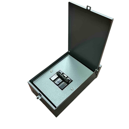 Nema 3R panel board housing with open lid and circuit breakers for electrical installations