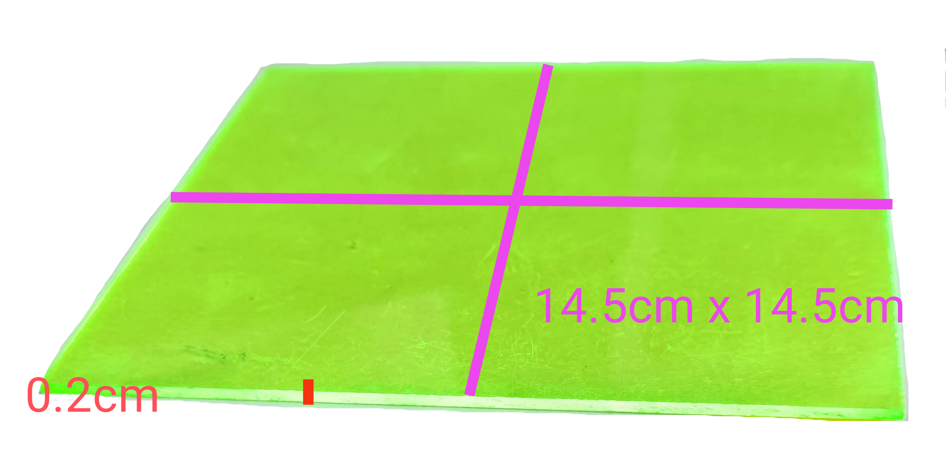 Neon green acrylic filter measuring 14.5cm x 14.5cm and 0.2cm thick for seasonal decorative use