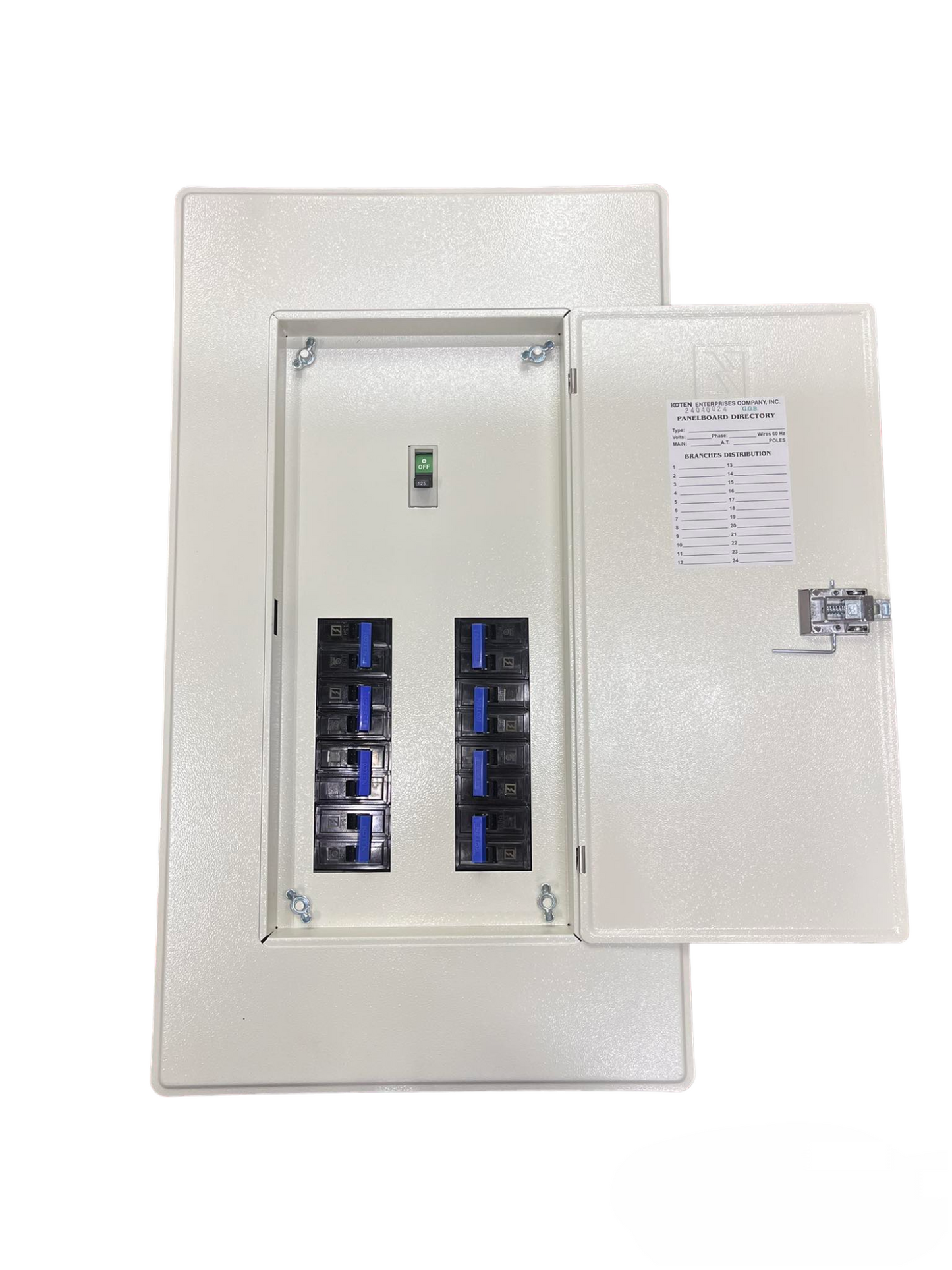 Koten 8 Branches 2P 225A Main Panel Board metal enclosure with open door showing eight breakers