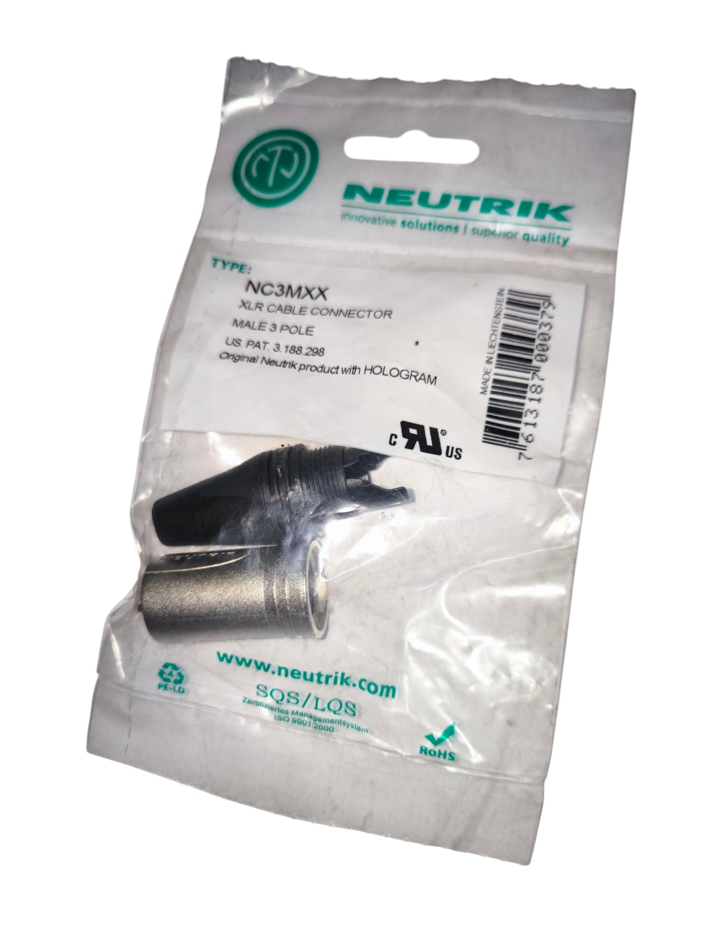 Neutriks PL-55 male plug XLR cable connector in clear packaging for microphone accessories