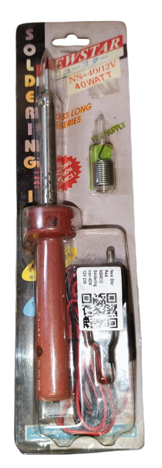 Newstar 40 watt battery operated soldering iron with red handle and included accessory parts in blister pack