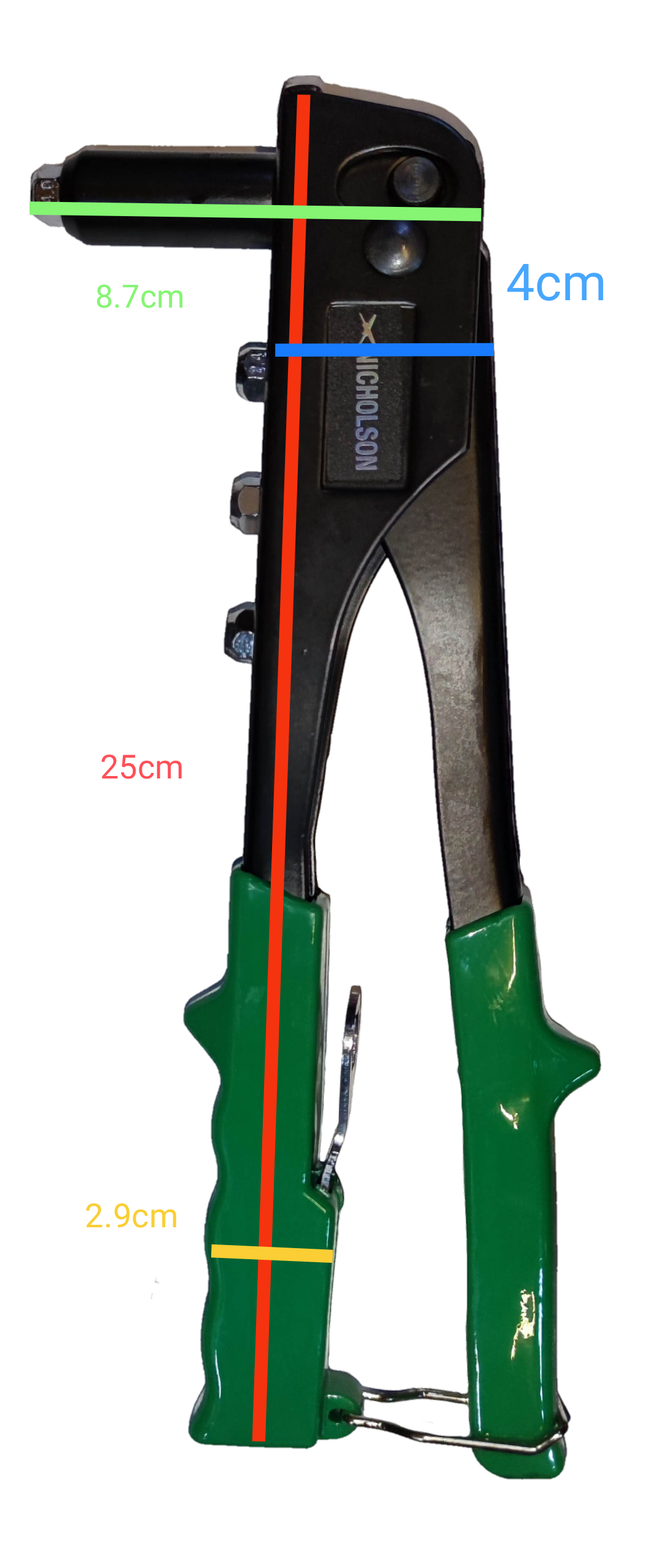 Nicholson hand riveter tool with ergonomic green grips for easy handling and precision riveting