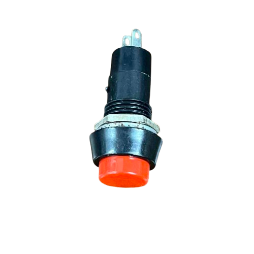 Normally Open Monetary Switch Red 1A button with a round red cap and black housing for electrical applications