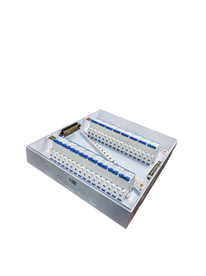 NXB Breakers Panel Board 50A electrical circuitry with multiple blue and white circuit breakers by Chint and ZY
