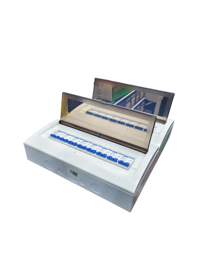 NXB Breakers Panel Board 50A electrical distribution box with multiple circuit breakers and transparent cover
