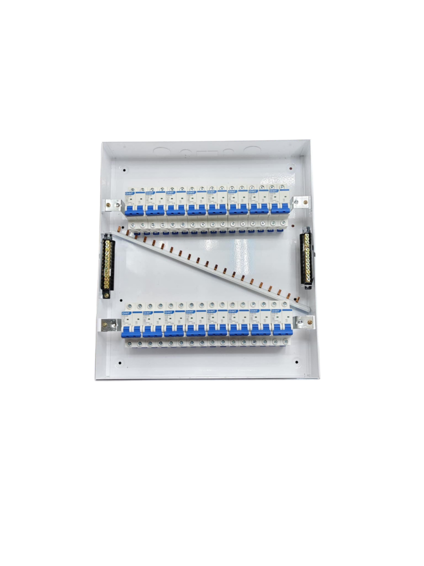 NXB Breakers Panel Board 50A electrical circuitry panel with multiple blue switches from Chint and ZY